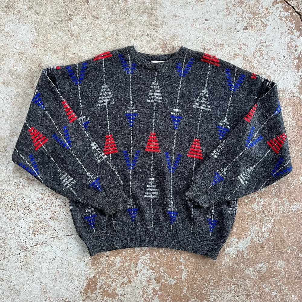Vtg 90s Knit Sweater Mens Sz XL Gray Geometric Arrows Pullover Grunge Grandpa